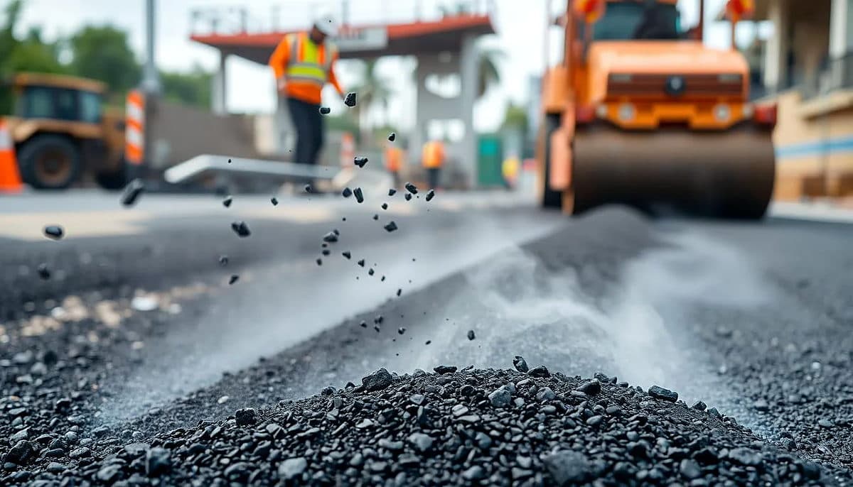 Mezcla asfáltica suelta frente a un rodillo compactador